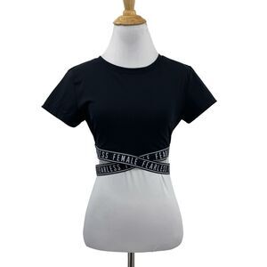 Lorna Jane Shirt Women M Medium Black Fearless Logo Cross Band Cropped Tee